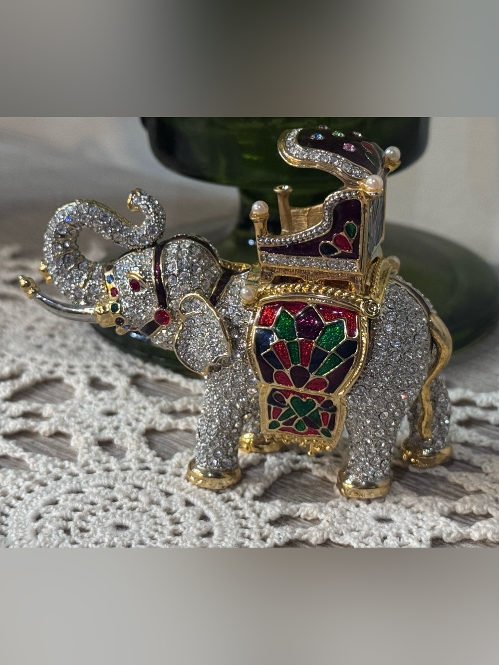 Rucinni Elephant Jeweled Enameled Trinket Box with Swarovski Crystals Trunk Up